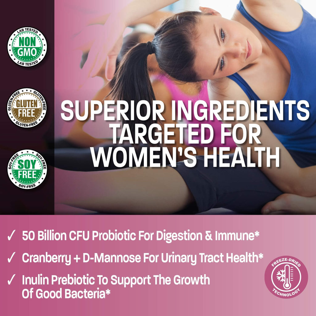 Bronson Women's Probiotic 50 Billion CFU + Prebiotic with Cranberry & D-Mannose – Vaginal Health, Healthy Digestion, Immune Function and Urinary Tract Support, Non-GMO, 60 Vegetarian Capsules - FENGGESTORE20