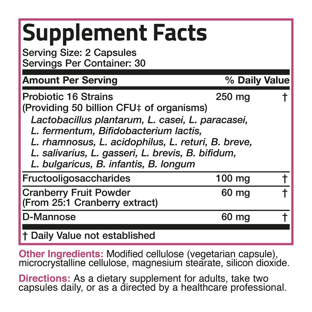 Bronson Women's Probiotic 50 Billion CFU + Prebiotic with Cranberry & D-Mannose – Vaginal Health, Healthy Digestion, Immune Function and Urinary Tract Support, Non-GMO, 60 Vegetarian Capsules - FENGGESTORE20