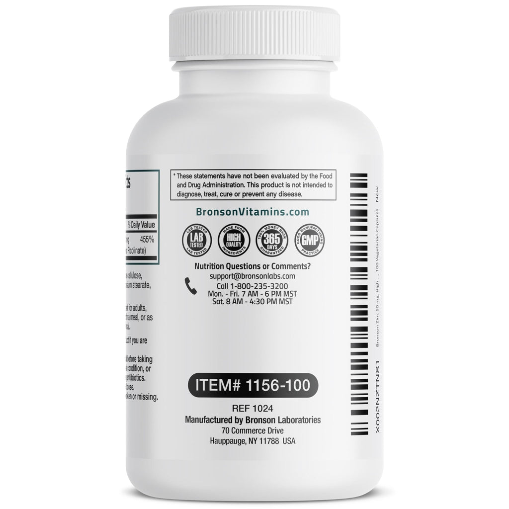 Bronson Zinc 50mg Complex High Potency Immune Support Supplement & Antioxidant and Skin Health - FENGGESTORE20