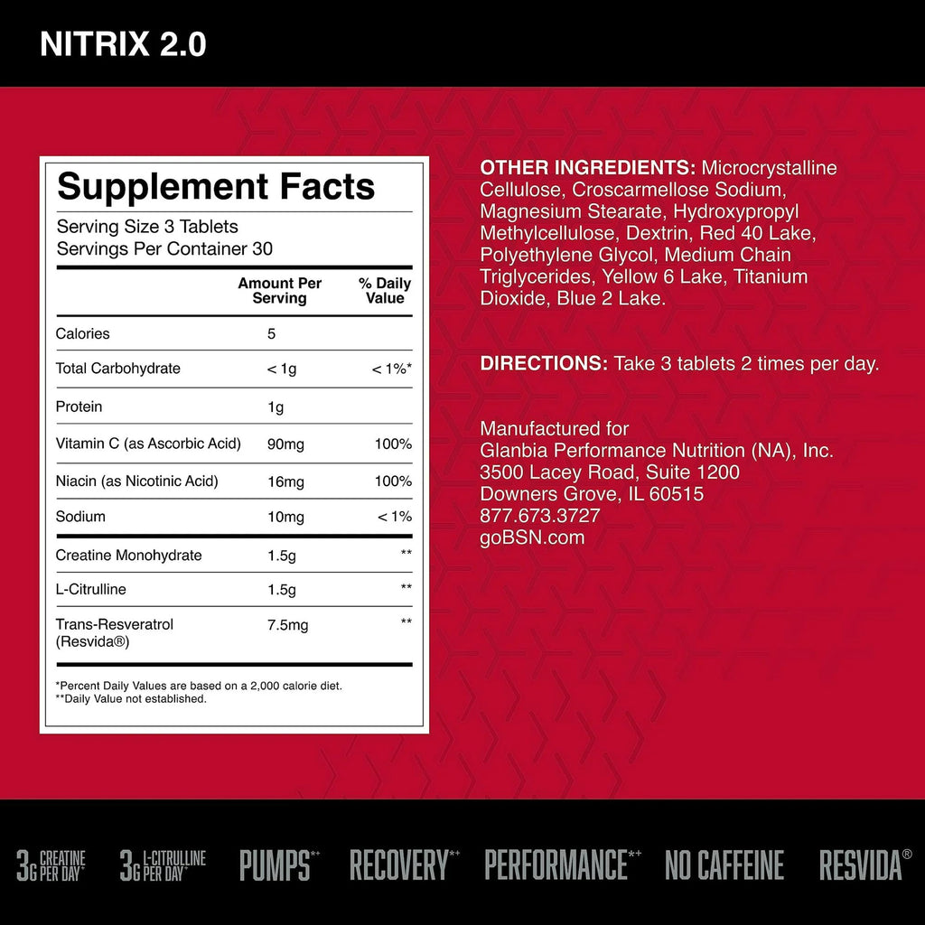 BSN NITRIX 2.0, Workout Supplement, Nitric Oxide Precursors, 3g Creatine, 3g L Citrulline, L-Citrulline, Supports Workout Performance, Pumps, Muscle Recovery - FENGGESTORE20