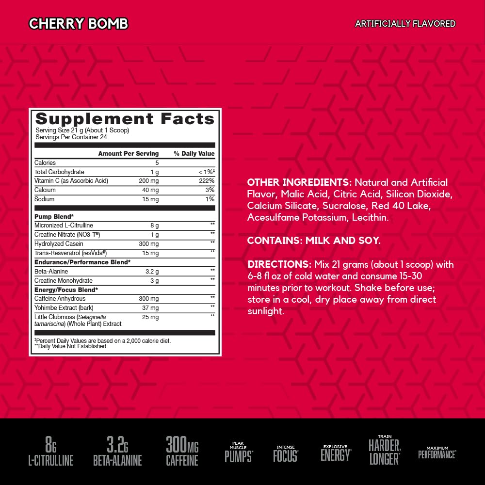 BSN N.O.-XPLODE Vaso Pre Workout Powder with 8g of L-Citrulline and 3.2g Beta-Alanine and Energy, Flavor: Cherry Bomb, 24 Servings - FENGGESTORE20