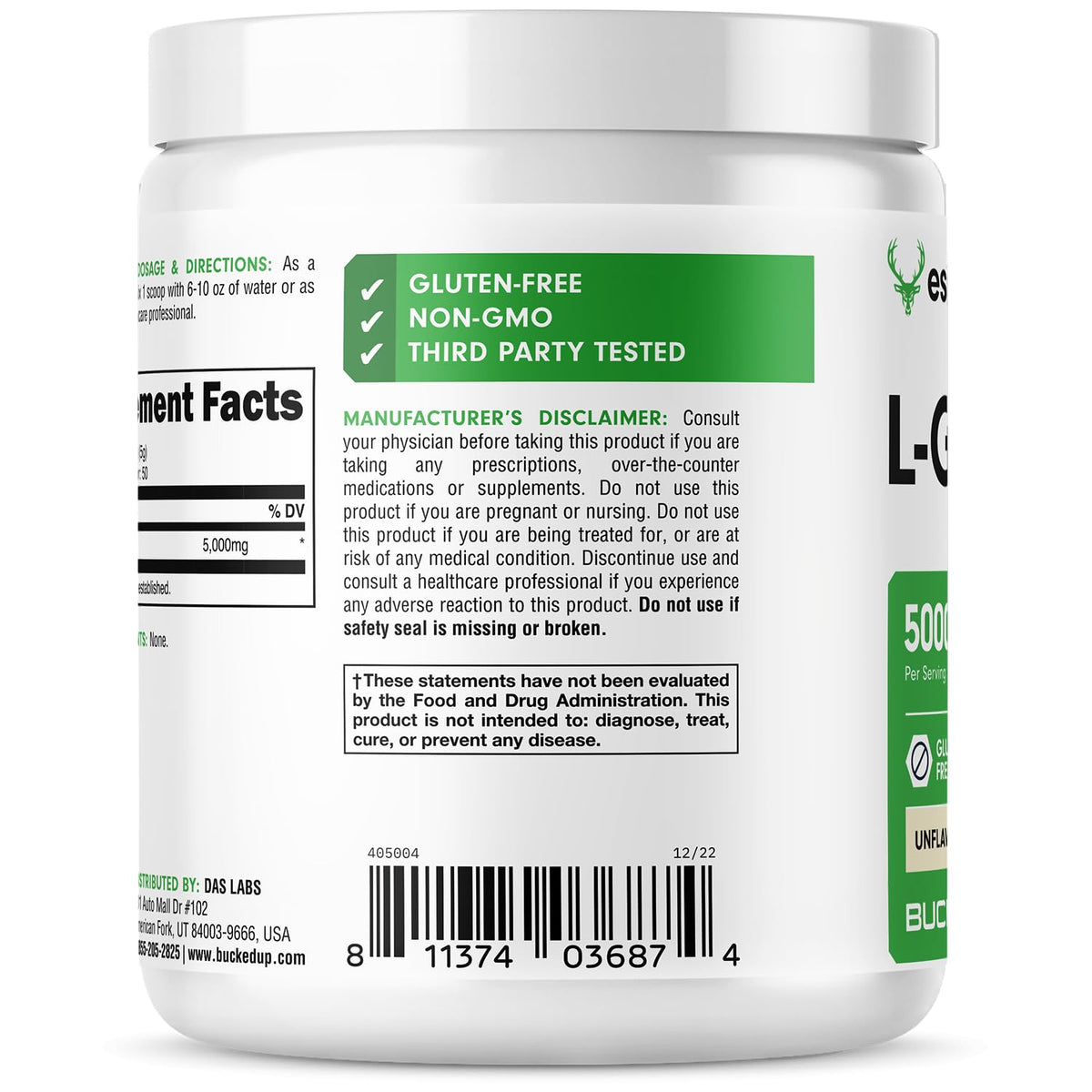 Bucked Up L-Glutamine (5000mg), Essentials (50 Servings, 250 Grams) - FENGGESTORE20