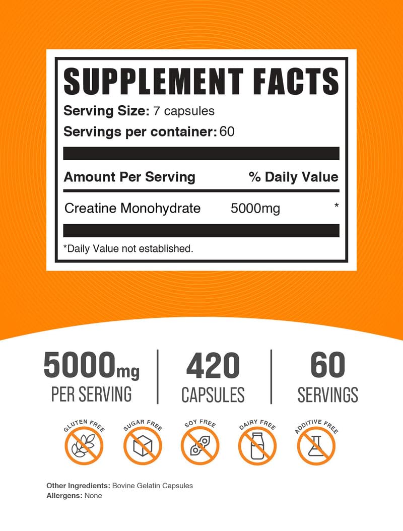 BulkSupplements.com Creatine Monohydrate Capsules - Micronized Creatine Pills - Gluten Free, 7 Capsules per Serving - FENGGESTORE20