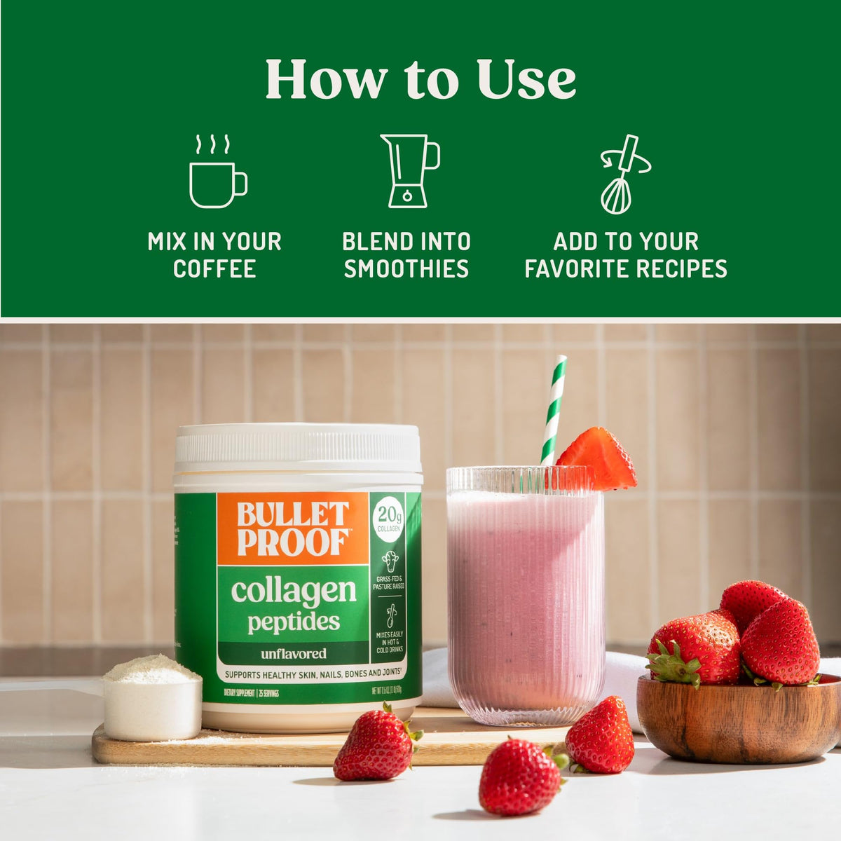 Bulletproof Unflavored Collagen Peptides Powder, 20g Grass-Fed Collagen Protein and Amino Acids for Skin - FENGGESTORE20