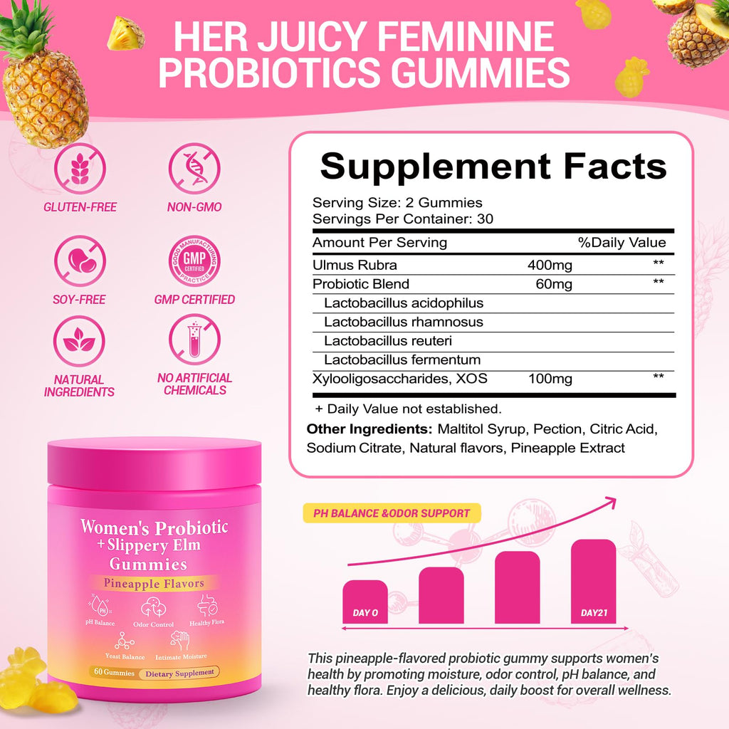 BURMINY Her Juicy Feminine Probiotics Gummies, Premium Feminine Balance Probiotics with Slippery Elm for Women's pH Balance and Freshness – Support Daily Wellness - FENGGESTORE20