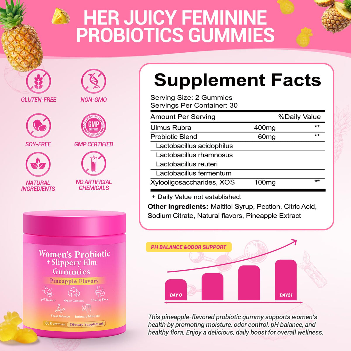 BURMINY Her Juicy Feminine Probiotics Gummies, Premium Feminine Balance Probiotics with Slippery Elm for Women's pH Balance and Freshness – Support Daily Wellness - FENGGESTORE20