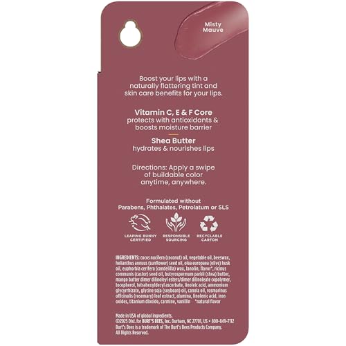 Burt’s Bees Tinted Boosted Balm, Misty Mauve, Hydrating Tinted Lip Balm with Vitamin C, E, and F Core, 24 Hour Lip Moisturizer with Responsibly Sourced Beeswax, 100% Natural Origin, 1 Count, 0.16oz - FENGGESTORE20