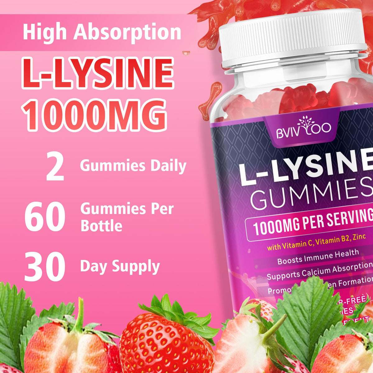 BVIVLOO L-Lysine 1000mg Gummies for Immune Support & Skin Health - High Potency Vegan Gummies, Sugar-Free, Natural Berry Flavor, Gluten-Free Chewable Supplement - FENGGESTORE20
