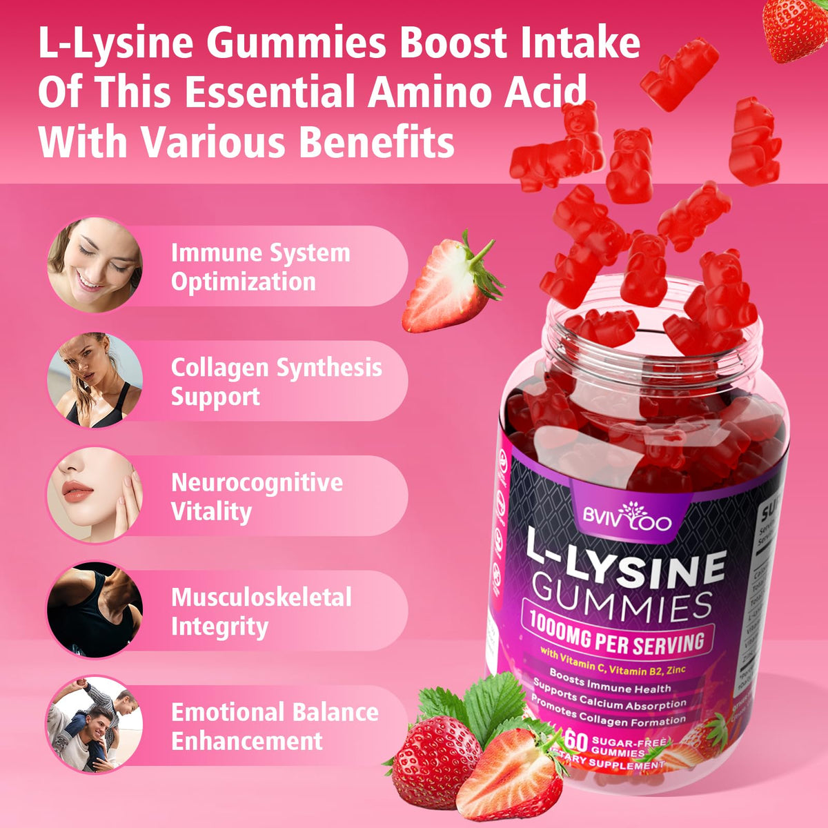 BVIVLOO L-Lysine 1000mg Gummies for Immune Support & Skin Health - High Potency Vegan Gummies, Sugar-Free, Natural Berry Flavor, Gluten-Free Chewable Supplement - FENGGESTORE20