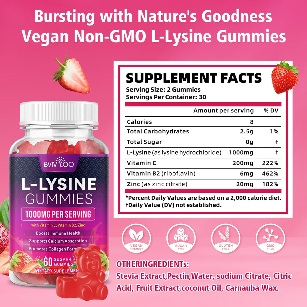 BVIVLOO L-Lysine 1000mg Gummies for Immune Support & Skin Health - High Potency Vegan Gummies, Sugar-Free, Natural Berry Flavor, Gluten-Free Chewable Supplement - FENGGESTORE20