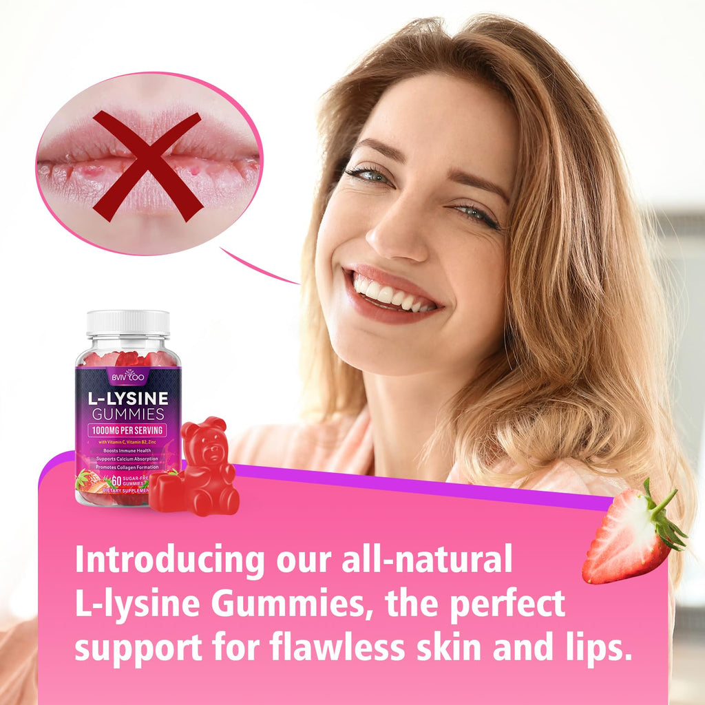 BVIVLOO L-Lysine 1000mg Gummies for Immune Support & Skin Health - High Potency Vegan Gummies, Sugar-Free, Natural Berry Flavor, Gluten-Free Chewable Supplement - FENGGESTORE20