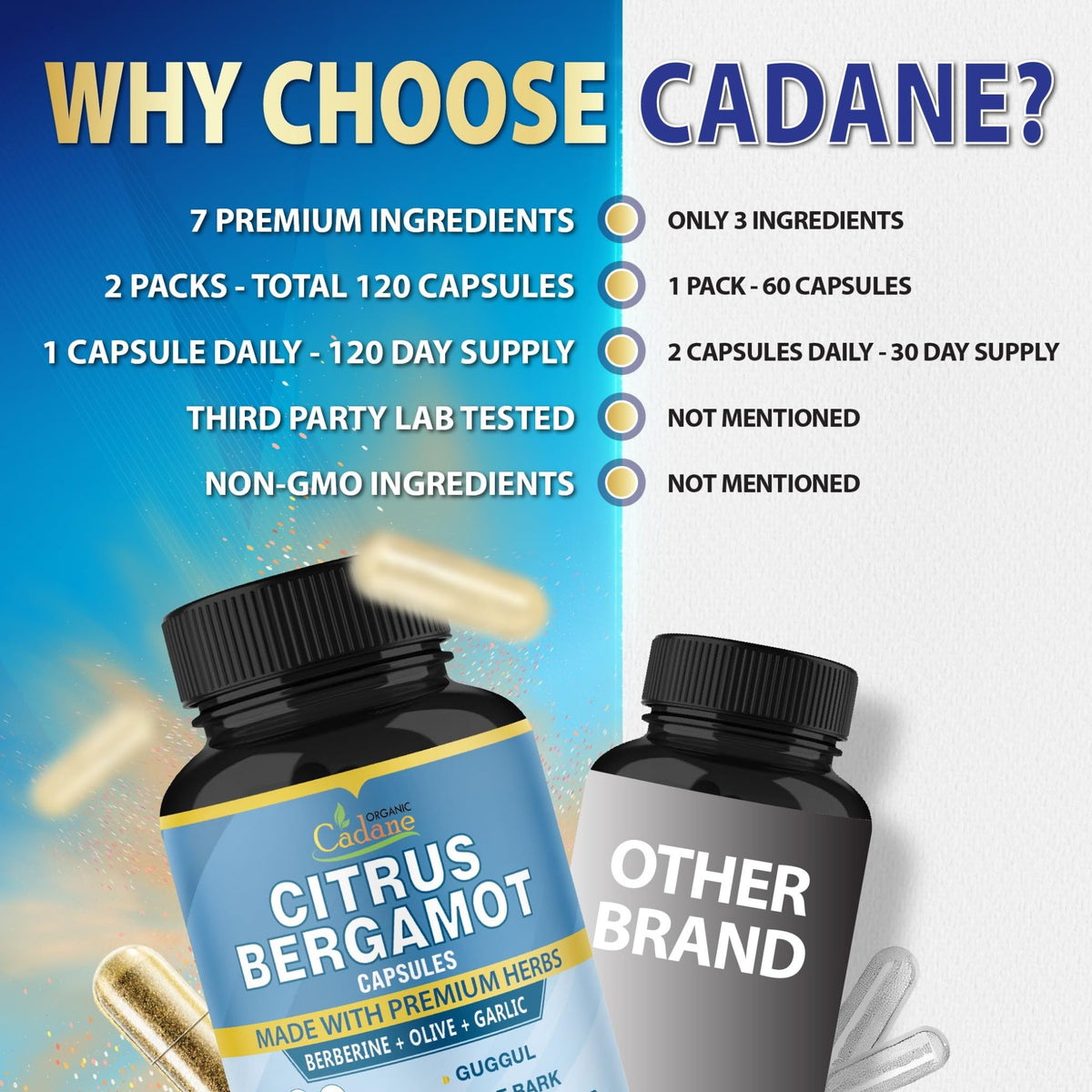Cadane 2 Packs Citrus Bergamot Extract Capsules with Berberine, Olive, Guggul, Garlic, Pine Bark, Black Pepper | 4 Months Supply - FENGGESTORE20