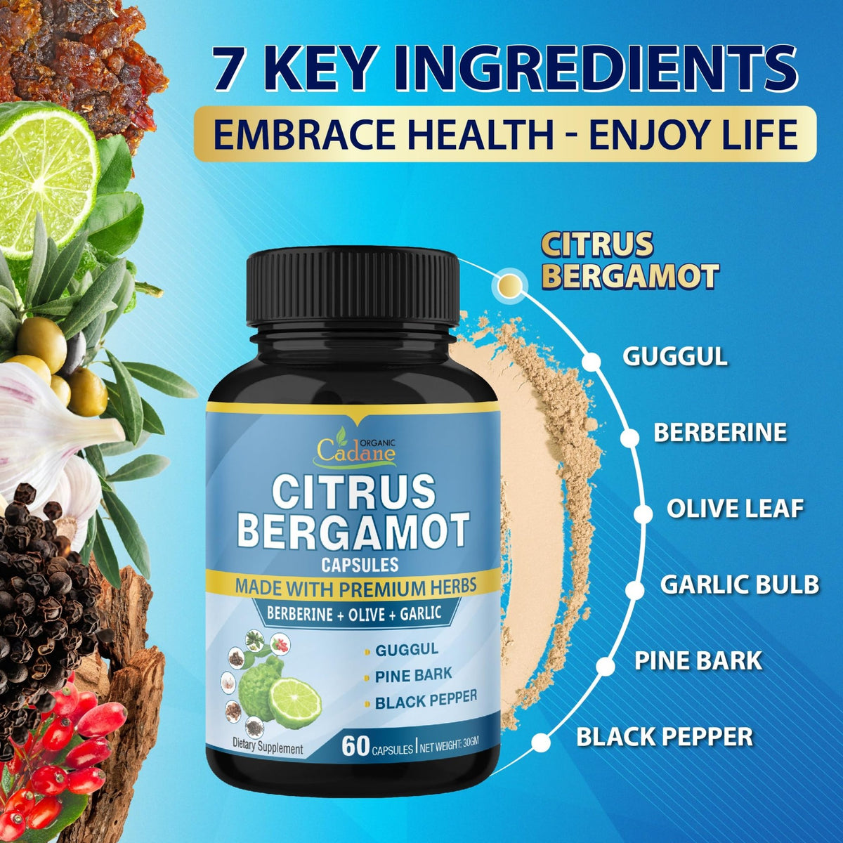 Cadane 2 Packs Citrus Bergamot Extract Capsules with Berberine, Olive, Guggul, Garlic, Pine Bark, Black Pepper | 4 Months Supply - FENGGESTORE20