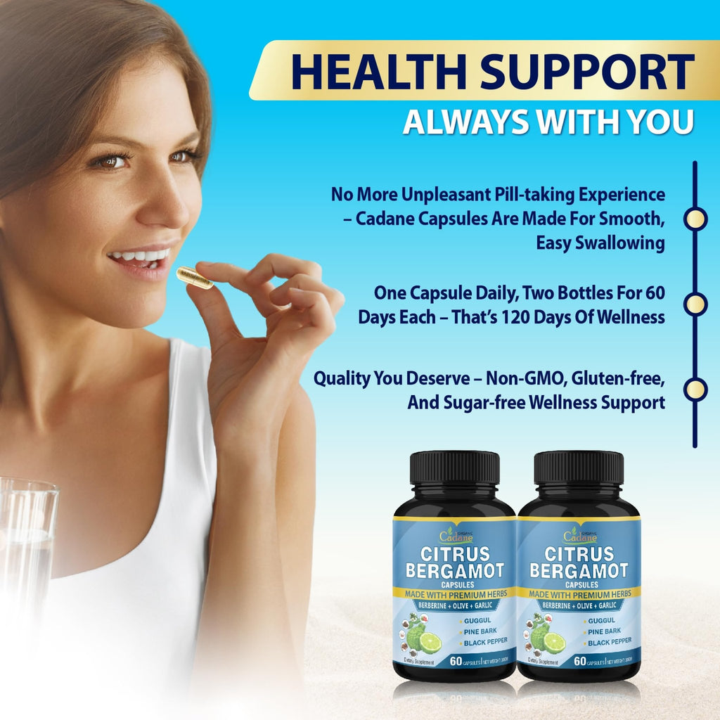 Cadane 2 Packs Citrus Bergamot Extract Capsules with Berberine, Olive, Guggul, Garlic, Pine Bark, Black Pepper | 4 Months Supply - FENGGESTORE20