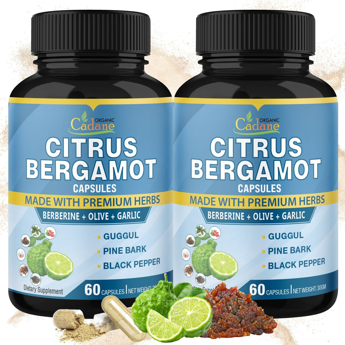 Cadane 2 Packs Citrus Bergamot Extract Capsules with Berberine, Olive, Guggul, Garlic, Pine Bark, Black Pepper | 4 Months Supply - FENGGESTORE20