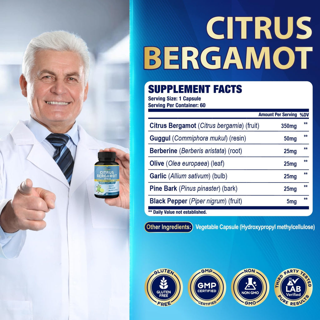 Cadane 2 Packs Citrus Bergamot Extract Capsules with Berberine, Olive, Guggul, Garlic, Pine Bark, Black Pepper | 4 Months Supply - FENGGESTORE20