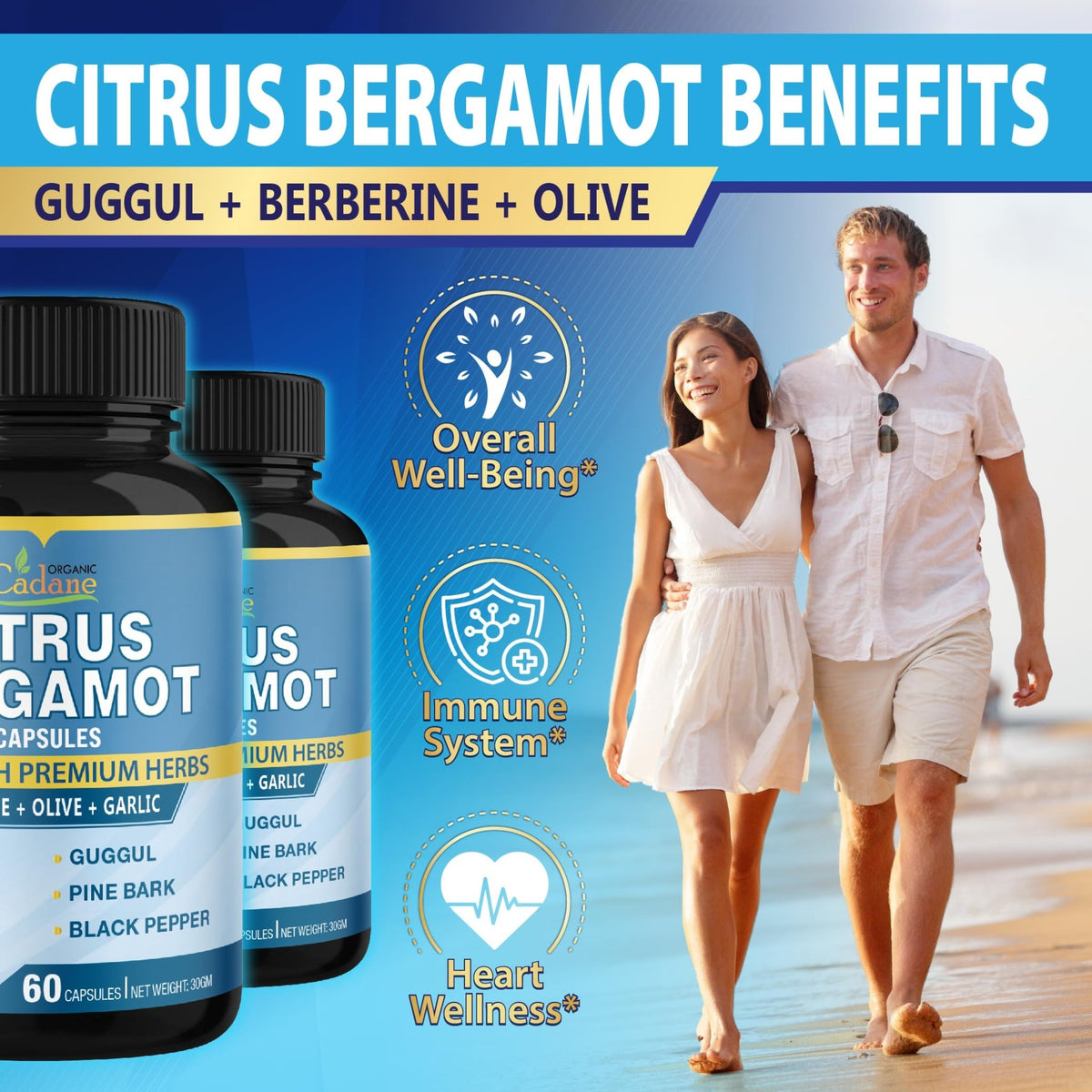 Cadane 2 Packs Citrus Bergamot Extract Capsules with Berberine, Olive, Guggul, Garlic, Pine Bark, Black Pepper | 4 Months Supply - FENGGESTORE20