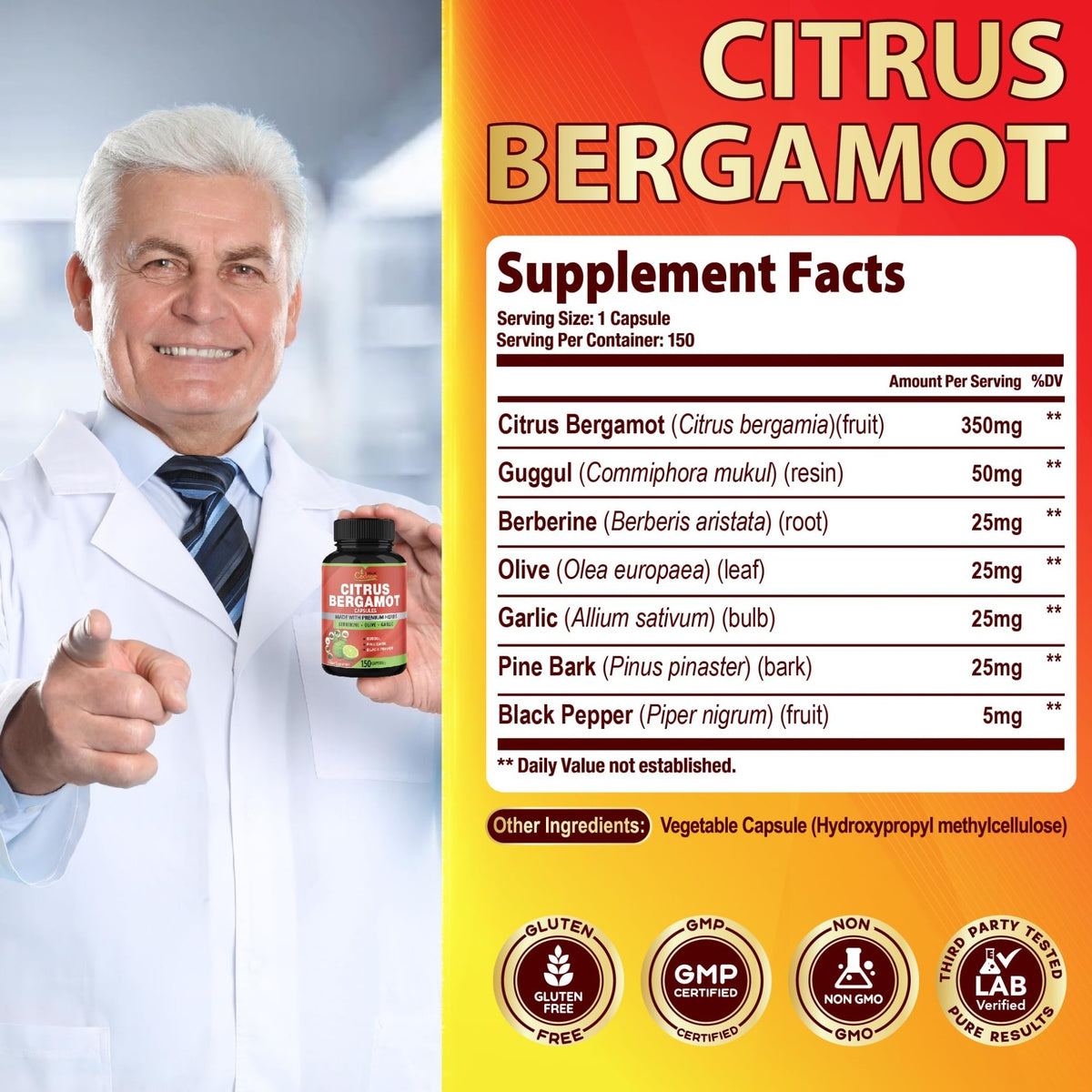 Cadane Citrus Bergamot Supplement Capsules with Berberine, Olive, Guggul, Garlic, Pine Bark, Black Pepper - FENGGESTORE20