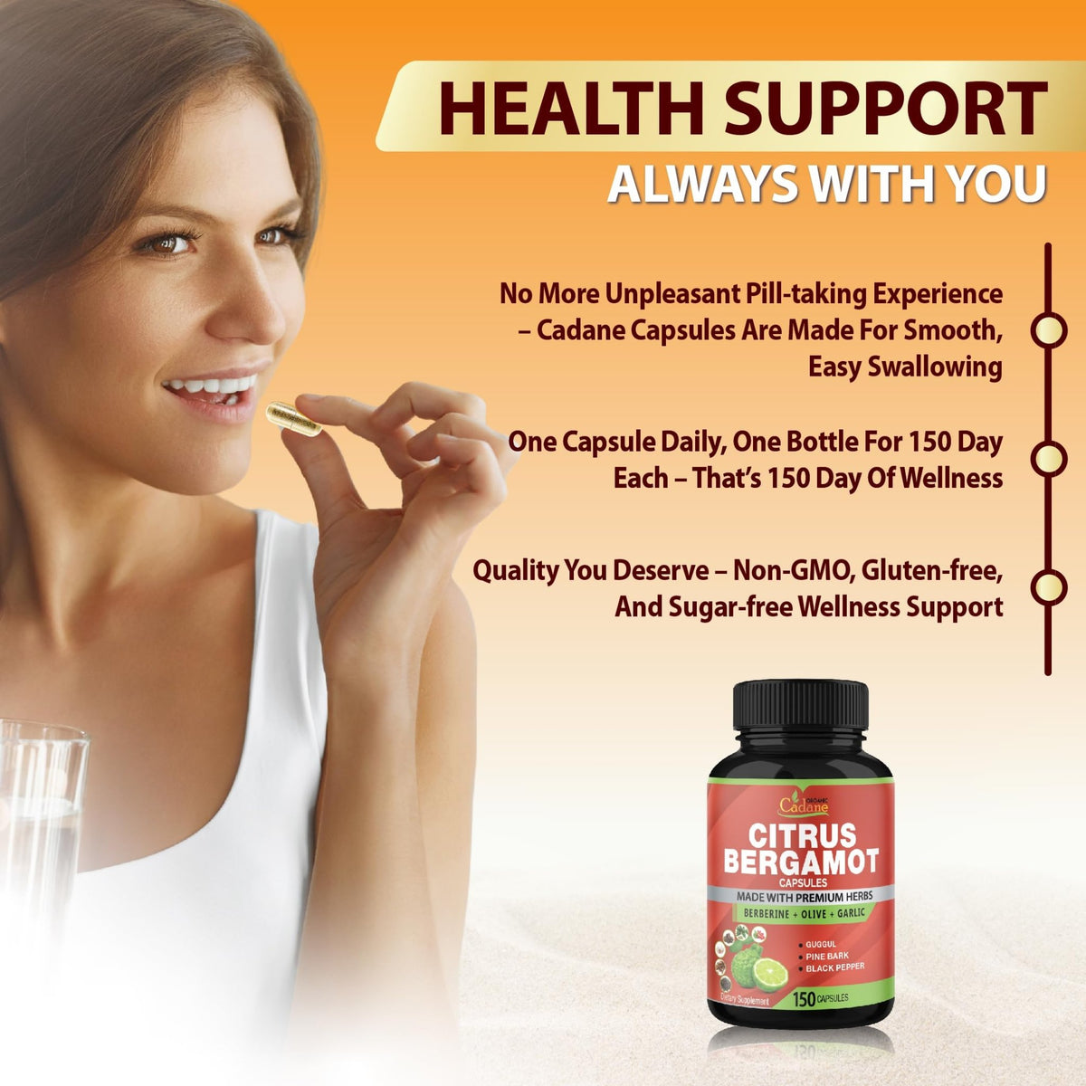 Cadane Citrus Bergamot Supplement Capsules with Berberine, Olive, Guggul, Garlic, Pine Bark, Black Pepper - FENGGESTORE20