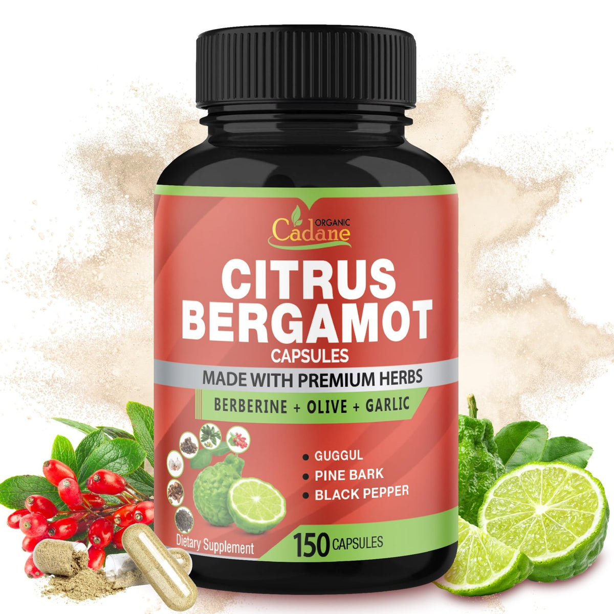 Cadane Citrus Bergamot Supplement Capsules with Berberine, Olive, Guggul, Garlic, Pine Bark, Black Pepper - FENGGESTORE20