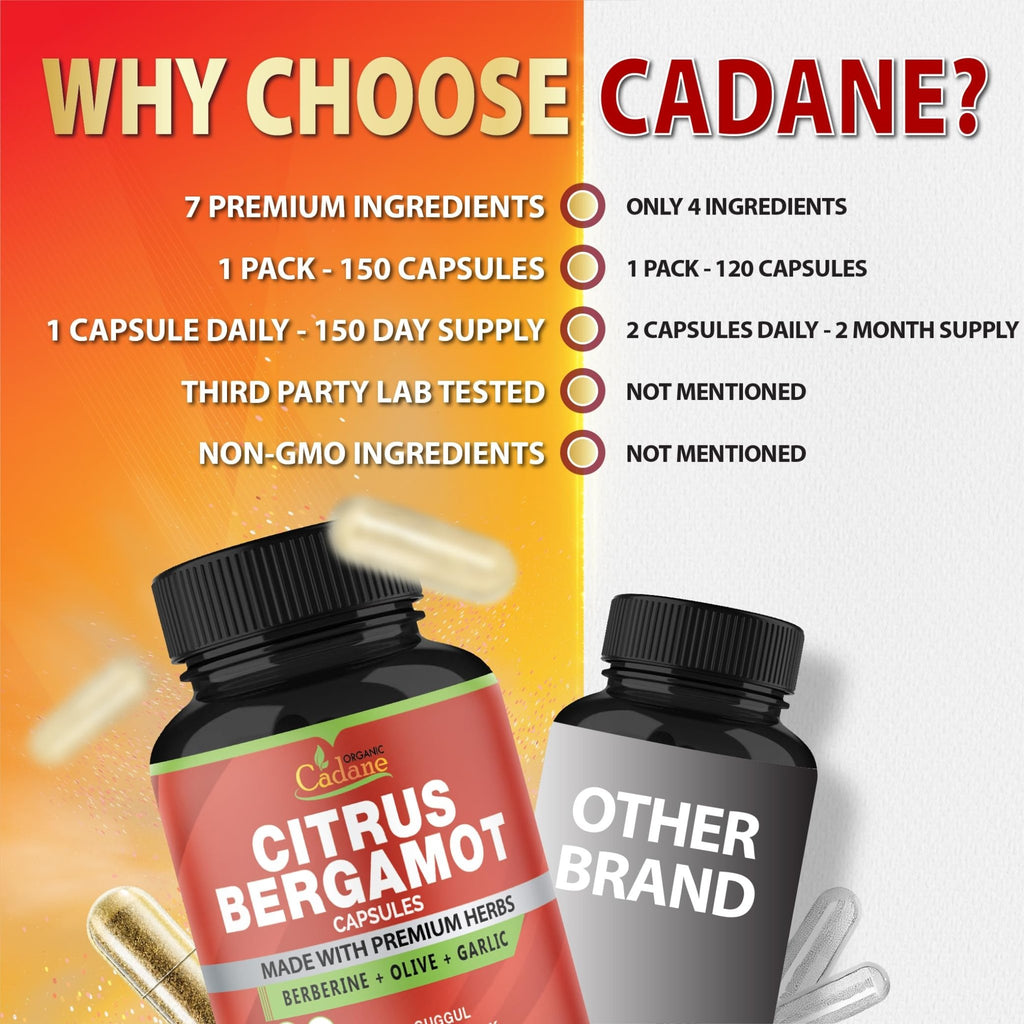 Cadane Citrus Bergamot Supplement Capsules with Berberine, Olive, Guggul, Garlic, Pine Bark, Black Pepper - FENGGESTORE20