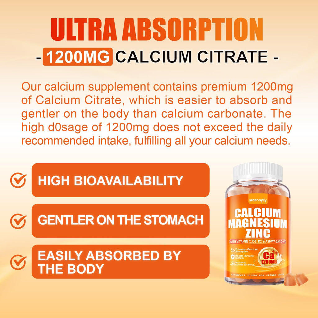 Calcium 1200 mg with Vitamin D3 Gummies for Adults - Calcium Citrate with Vitamin D3 K2, Magnesium, Zinc, Boron, Copper and Ashwagandha - FENGGESTORE20