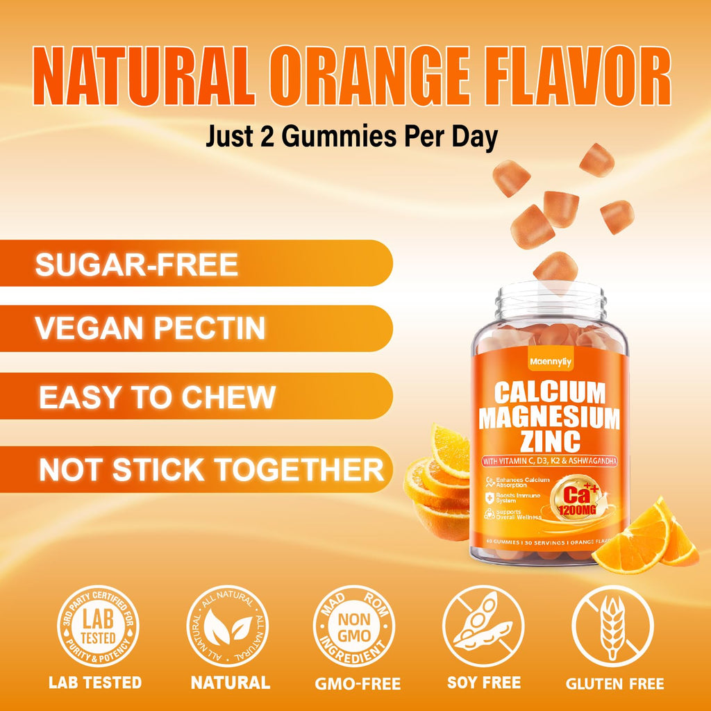 Calcium 1200 mg with Vitamin D3 Gummies for Adults - Calcium Citrate with Vitamin D3 K2, Magnesium, Zinc, Boron, Copper and Ashwagandha - FENGGESTORE20