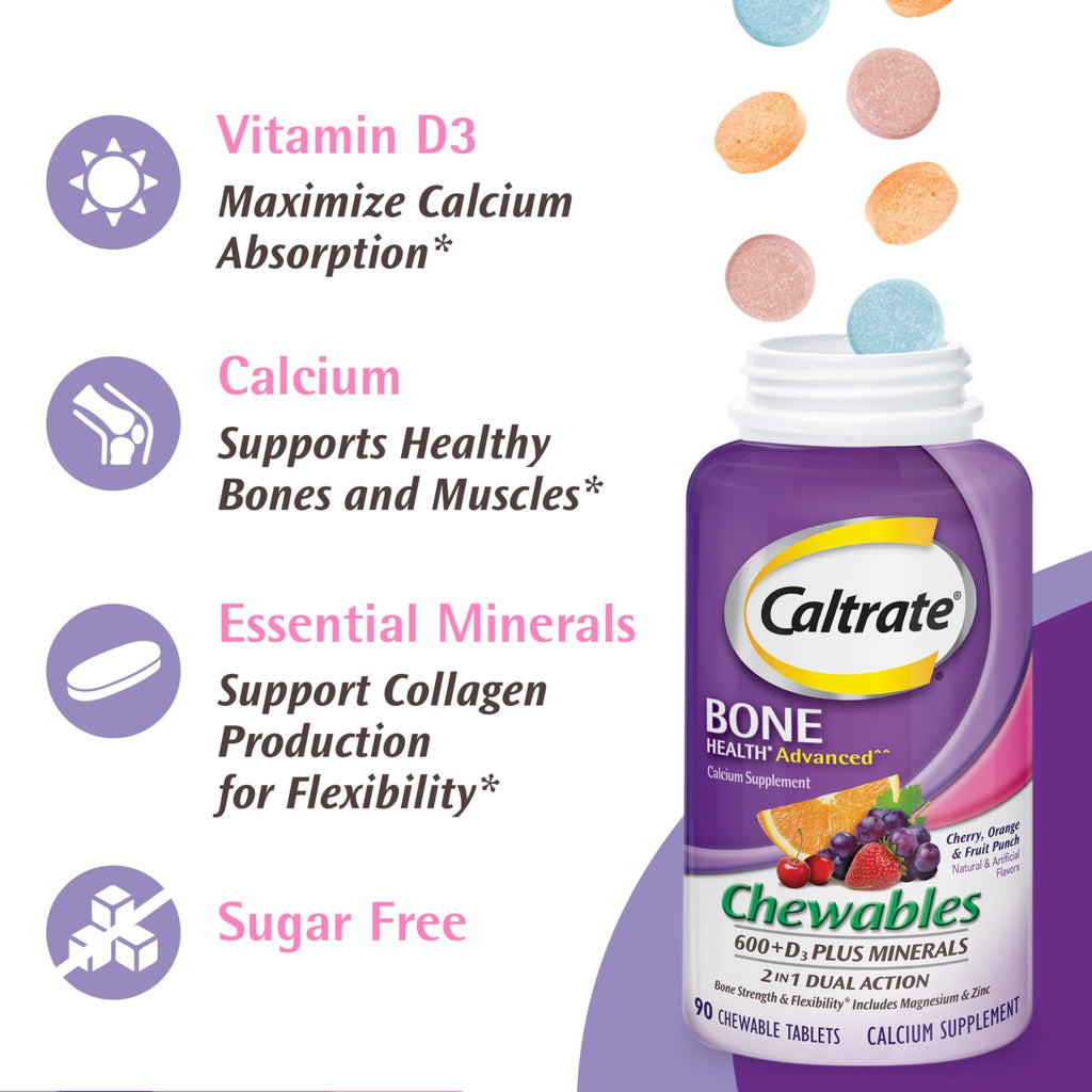 Caltrate Chewables 600 +D3 Plus Minerals Calcium and Vitamin D, Sugar Free, Cherry, Orange and Fruit Punch, 155 count - FENGGESTORE20
