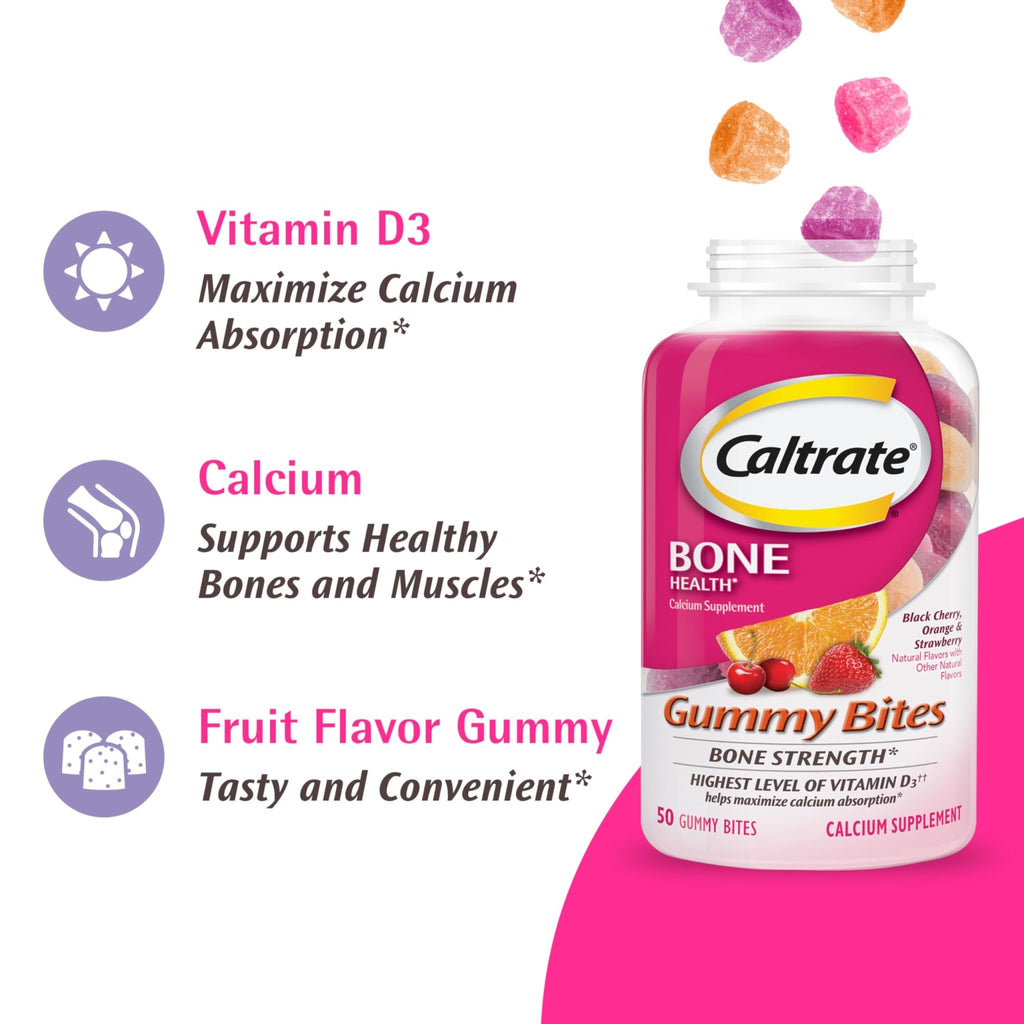 Caltrate Gummy Bites 500 mg Calcium and Vitamin D Supplement, Black Cherry, Strawberry, Orange - 100 Count - FENGGESTORE20