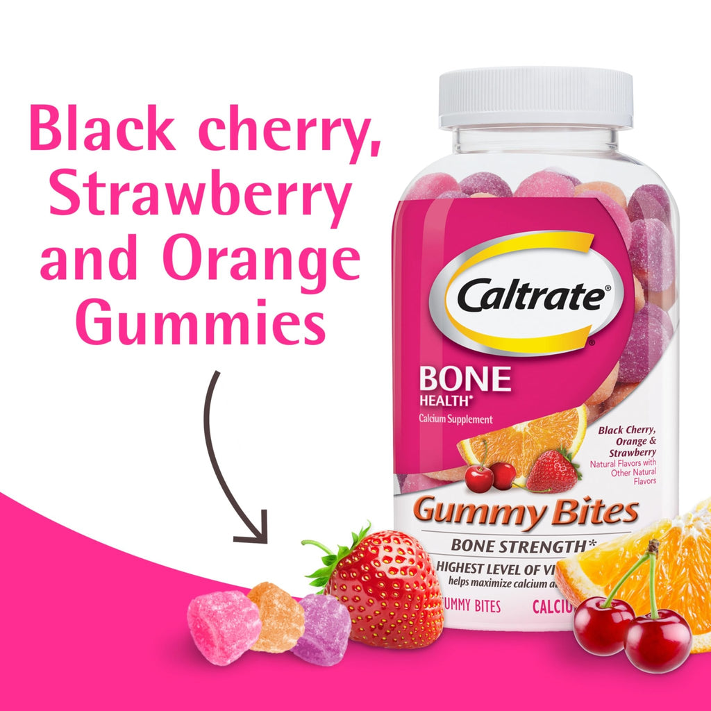 Caltrate Gummy Bites 500 mg Calcium and Vitamin D Supplement, Black Cherry, Strawberry, Orange - 100 Count - FENGGESTORE20