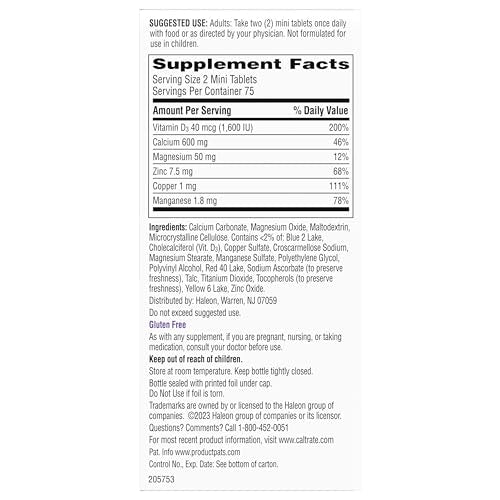 Caltrate Minis 600 Plus D3 Plus Minerals Calcium and Vitamin D Supplement Tablets, Bone Health and Mineral Supplement for Adults - 150 Count - FENGGESTORE20