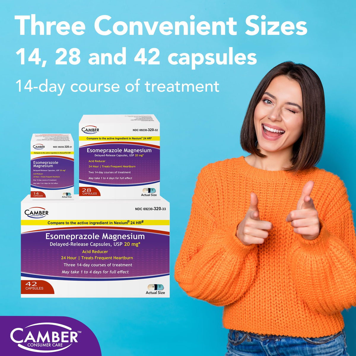 Camber Esomeprazole Magnesium USP 20mg, Delayed Release Capsules, Treats Frequent Heartburn (42 Count) - FENGGESTORE20
