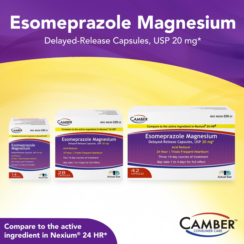 Camber Esomeprazole Magnesium USP 20mg, Delayed Release Capsules, Treats Frequent Heartburn (42 Count) - FENGGESTORE20