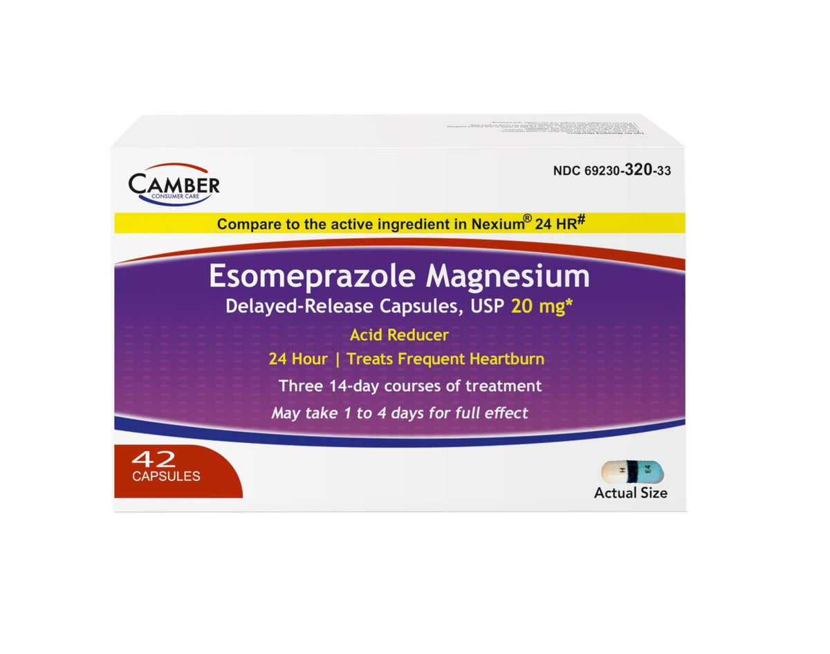 Camber Esomeprazole Magnesium USP 20mg, Delayed Release Capsules, Treats Frequent Heartburn (42 Count) - FENGGESTORE20