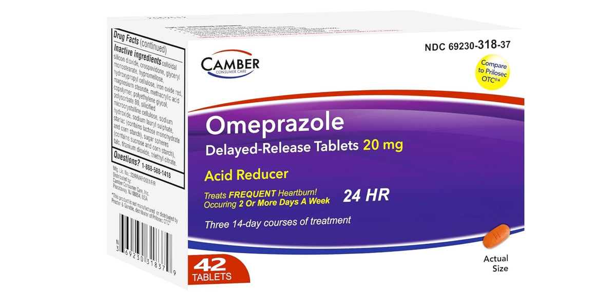 Camber Omeprazole 20mg Delayed-Release Tablets, Heartburn and Acid Reducer Reflux Medicine (42 Count) - FENGGESTORE20