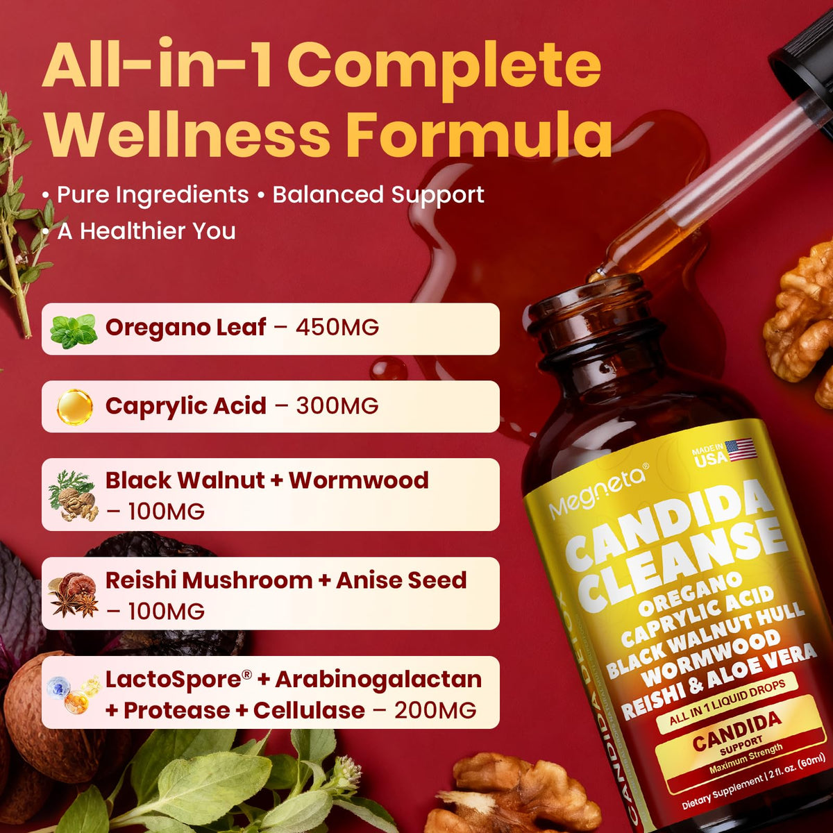 Candida Cleanse Detox with Triple-Targeting Technology, All-in-1 Synergy Formula with Caprylic Acid, Oregano, Black Walnut & Wormwood – Yeast Detox, Gut Health - FENGGESTORE20