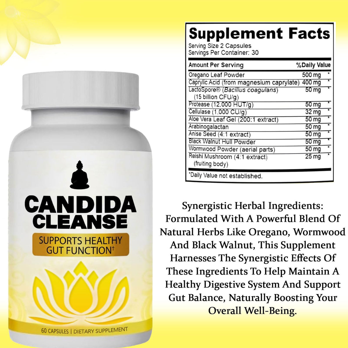 Candida Cleanse - Gut & Colon Support, Advanced Probiotic & Herbal Formula, Natural Herbal Formula, Oregano Leaf, Wormwood, Black Walnut, - FENGGESTORE20
