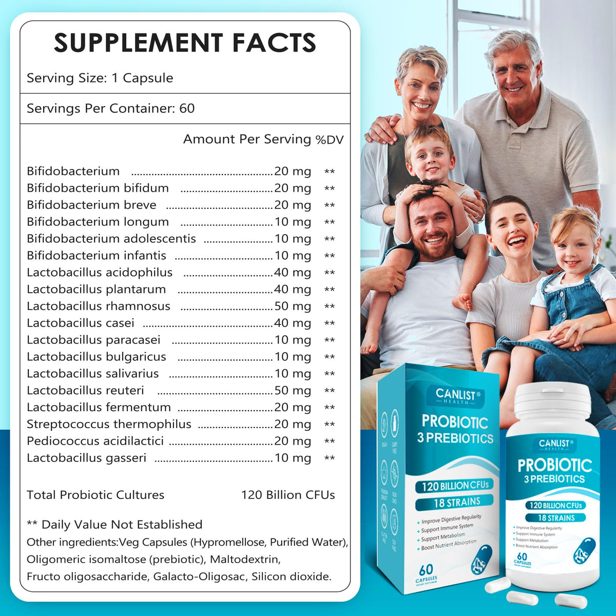 CANLIST Probiotics 120 Billion CFUs 18 Strains, 3 Prebiotics & Digestive Enzymes for Men Women,Digestive & Immune Support - FENGGESTORE20