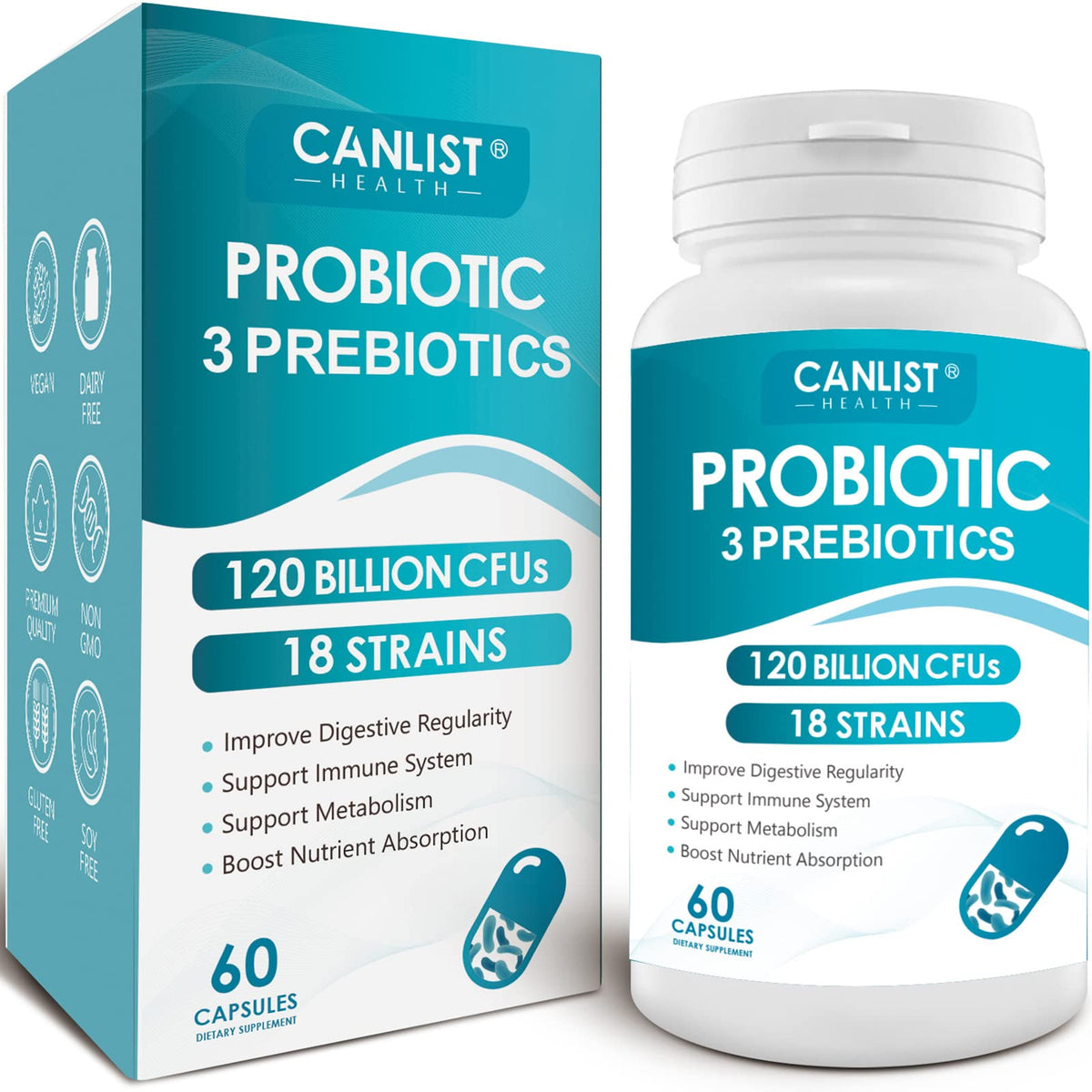 CANLIST Probiotics 120 Billion CFUs 18 Strains, 3 Prebiotics & Digestive Enzymes for Men Women,Digestive & Immune Support - FENGGESTORE20