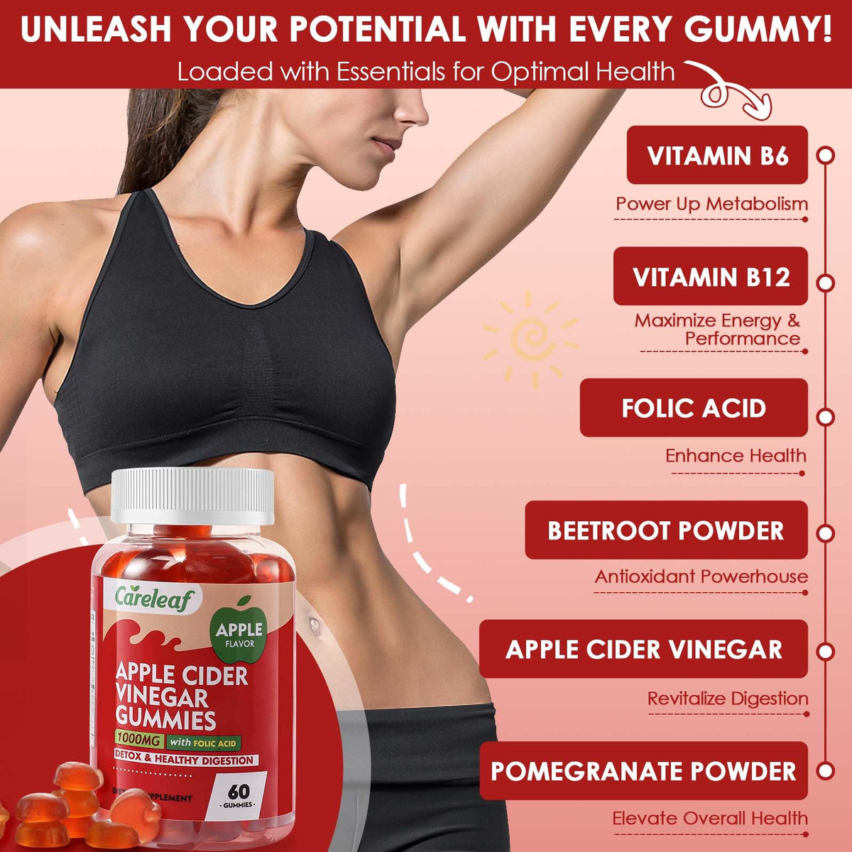 careleaf Apple Cider Vinegar Gummies, Metabolism Gummy with 1000mg AVC & Vitamin B6 Vitamin B12, ACV Gummies for Metabolism, - FENGGESTORE20