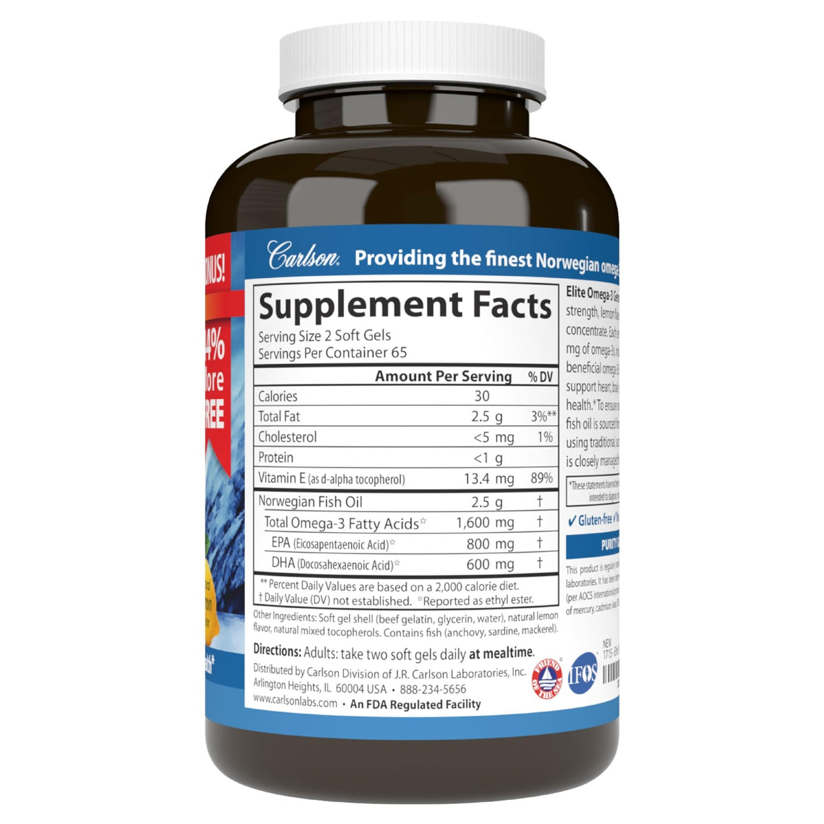 Carlson - Elite Omega-3 Gems, 1600 mg Omega-3 Fatty Acids Including EPA and DHA, Norwegian, Wild-Caught Fish Oil Supplement, Sustainably Sourced Omega - FENGGESTORE20