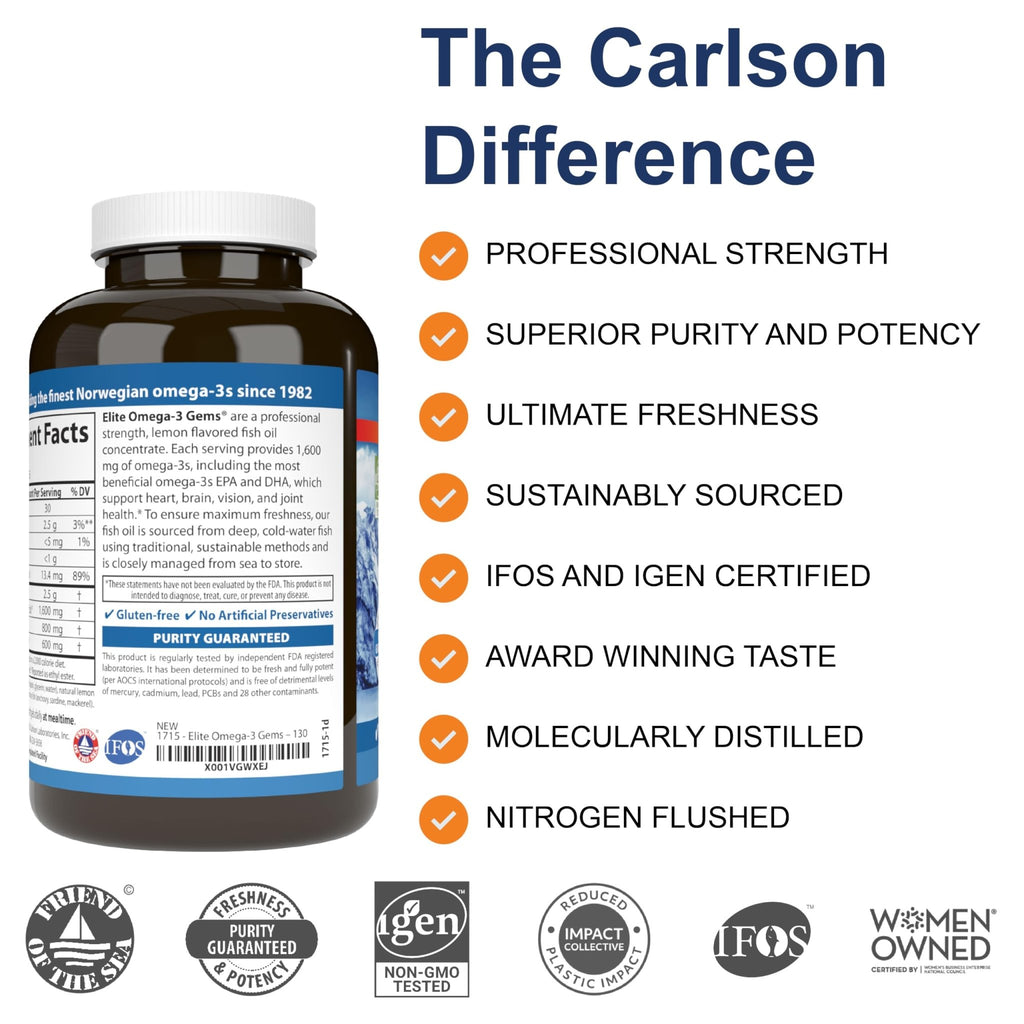 Carlson - Elite Omega-3 Gems, 1600 mg Omega-3 Fatty Acids Including EPA and DHA, Norwegian, Wild-Caught Fish Oil Supplement, Sustainably Sourced Omega - FENGGESTORE20