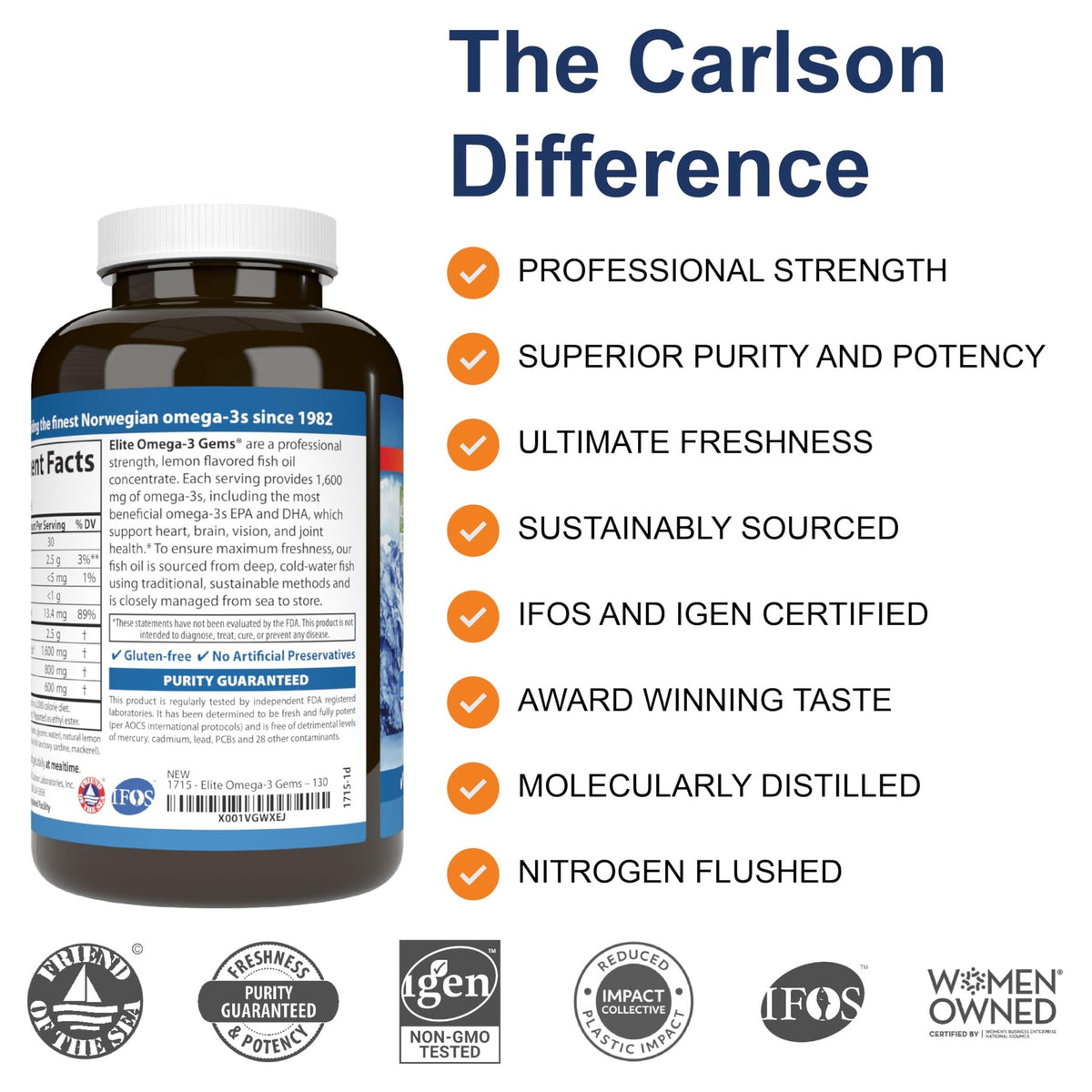 Carlson - Elite Omega-3 Gems, 1600 mg Omega-3 Fatty Acids Including EPA and DHA, Norwegian, Wild-Caught Fish Oil Supplement, Sustainably Sourced Omega - FENGGESTORE20