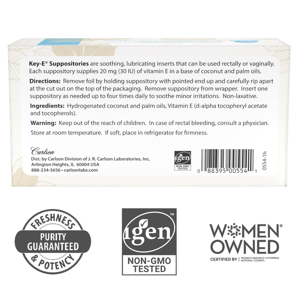 Carlson - Key-E Suppositories, 30 IU Vitamin E Suppository, Lubricates Dry Areas, Treatment for Women and Men, Vaginal & Rectal, 24 Count - FENGGESTORE20