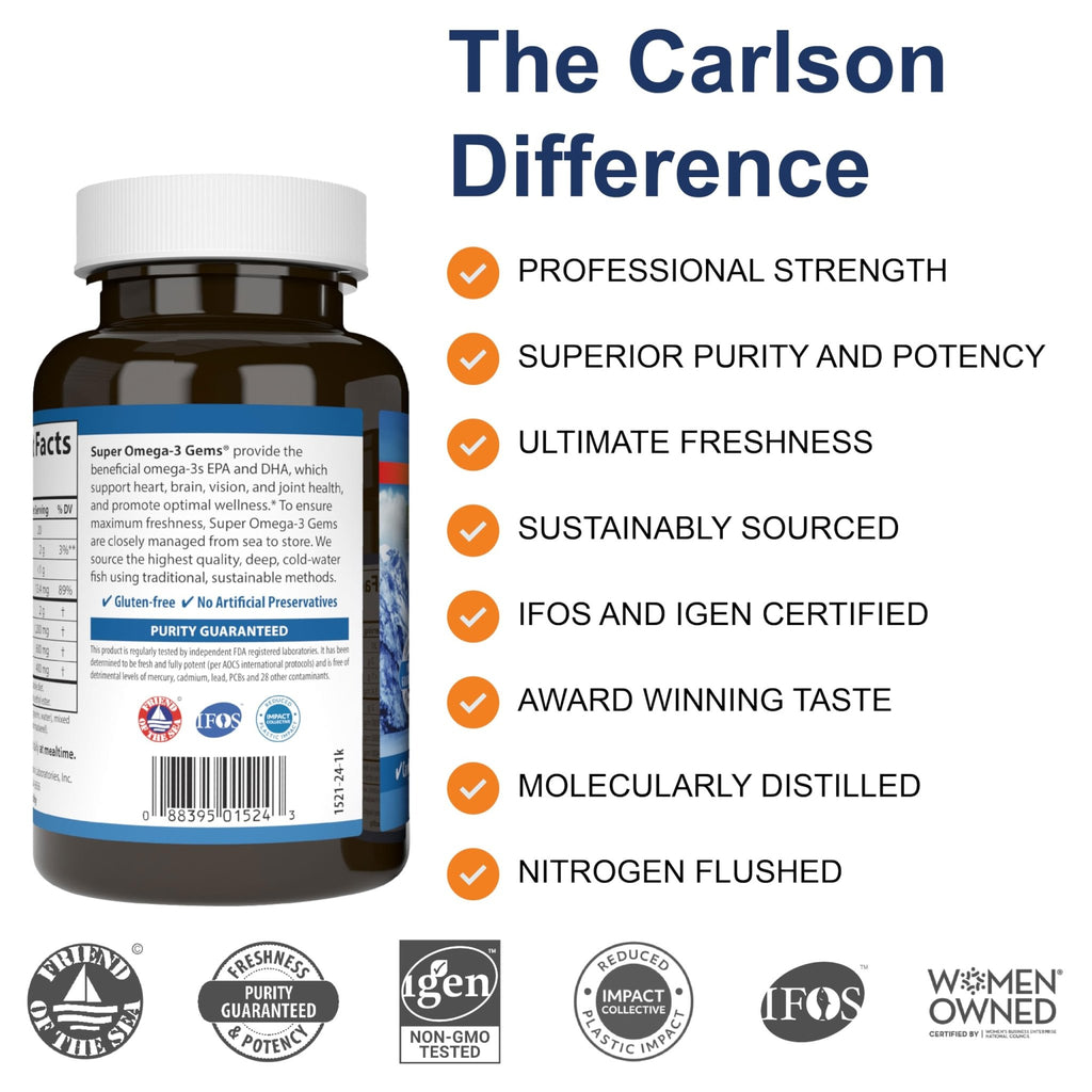 Carlson - Super Omega-3 Gems, 1200 mg Omega-3 Fatty Acids with EPA and DHA, Wild-Caught Norwegian Supplement, Sustainably Sourced Fish Oil Capsules, - FENGGESTORE20