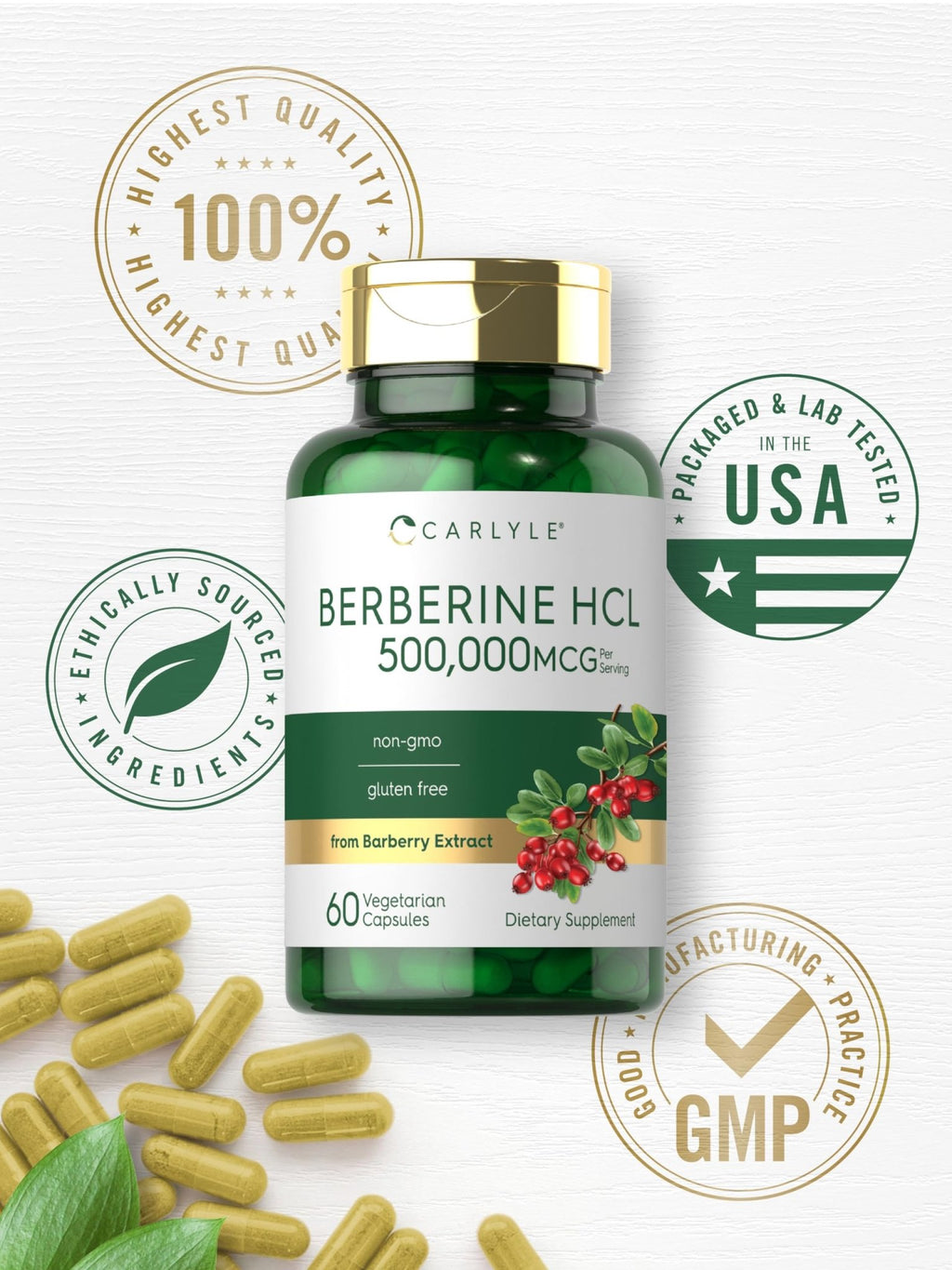 Carlyle Berberine HCL Supplement | 500,000mcg | 60 Capsules | Vegetarian, Non-GMO, Gluten Free - FENGGESTORE20