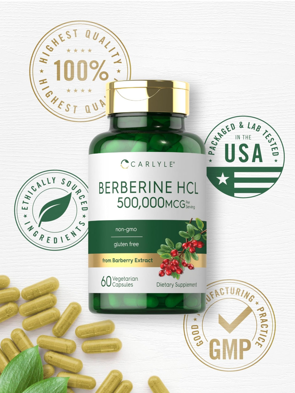 Carlyle Berberine HCL Supplement | 500,000mcg | 60 Capsules | Vegetarian, Non-GMO, Gluten Free - FENGGESTORE20