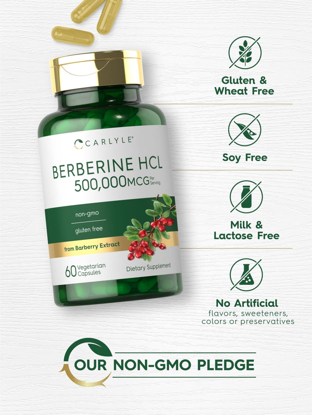 Carlyle Berberine HCL Supplement | 500,000mcg | 60 Capsules | Vegetarian, Non-GMO, Gluten Free - FENGGESTORE20