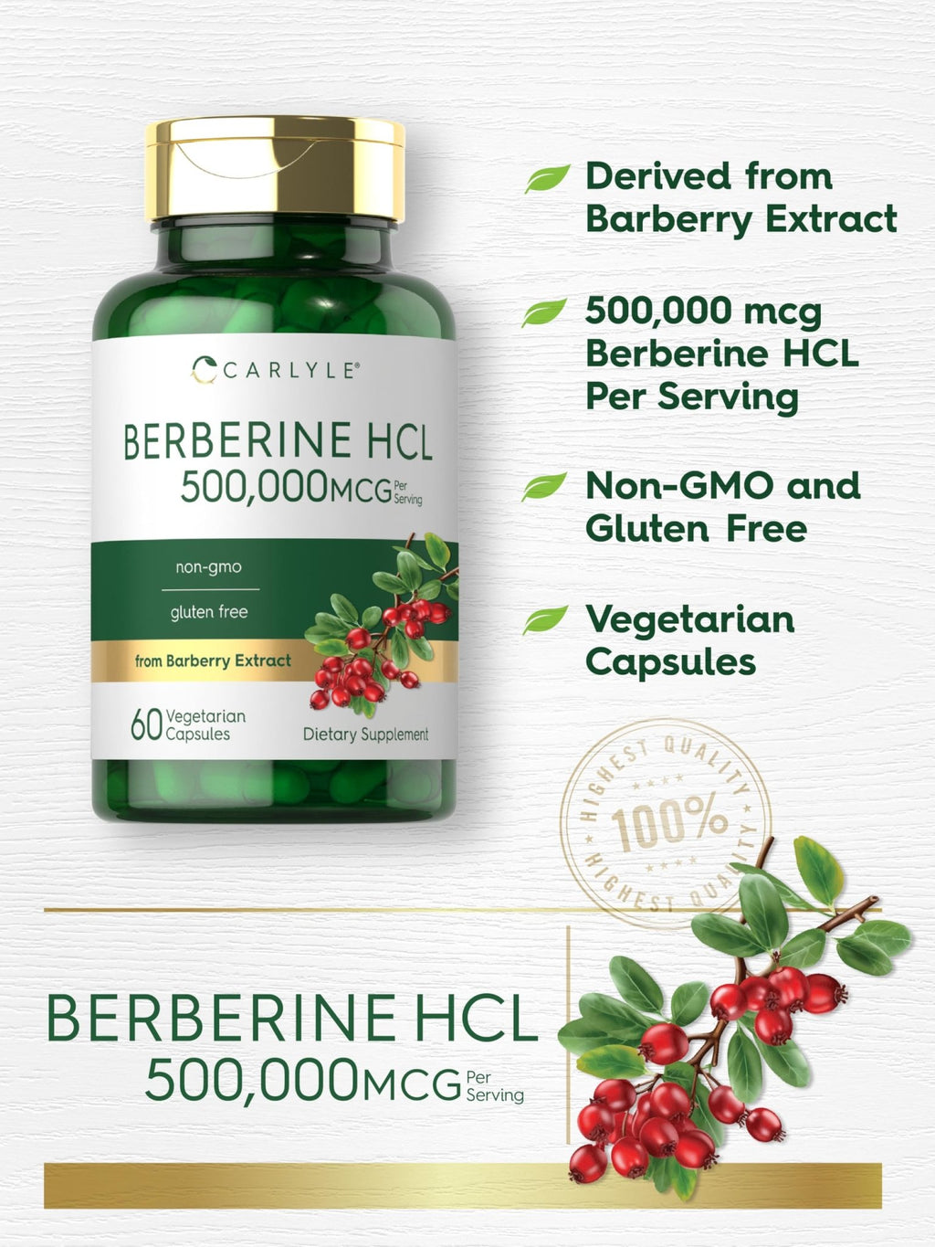 Carlyle Berberine HCL Supplement | 500,000mcg | 60 Capsules | Vegetarian, Non-GMO, Gluten Free - FENGGESTORE20