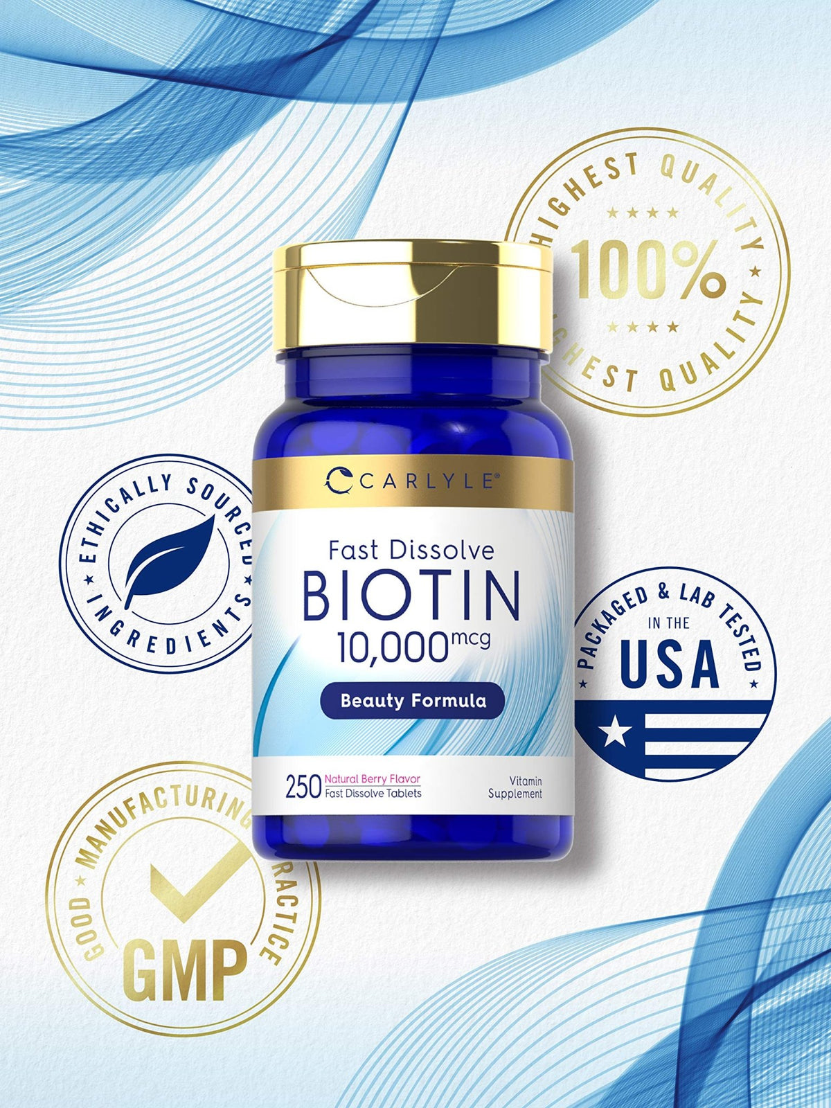 Carlyle Biotin 10000mcg | 250 Fast Dissolve Tablets | Max Strength | Vegetarian, Non-GMO, Gluten Free Supplement - FENGGESTORE20